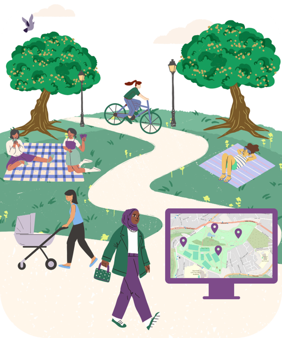 Cartoon sketch of a park, with green grass, trees,
            and fluffy clouds in the sky.
            A diverse group of women are shown
            using the park: cycling, pushing prams, walking, and lounging on picnic
            mats, reading books.